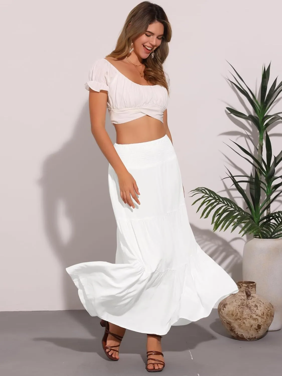 Allegra K Summer Maxi Skirt for Women's 2025 Casual Elastic Waist Flowy Tiered Boho Beach Long Skirts