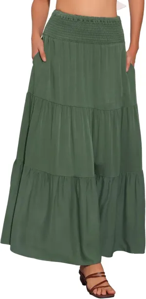 Allegra K Summer Maxi Skirt for Women's 2025 Casual Elastic Waist Flowy Tiered Boho Beach Long Skirts