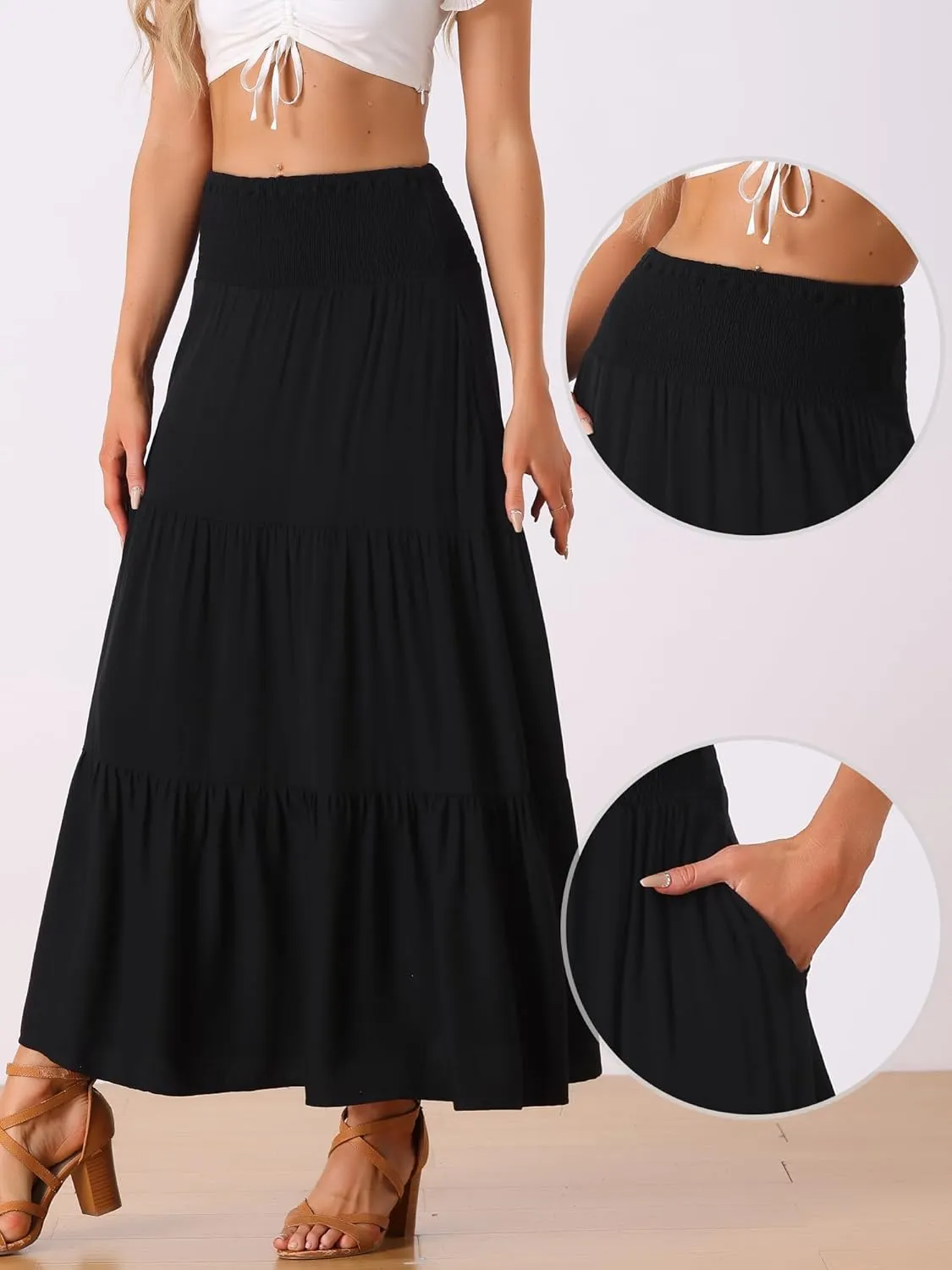 Allegra K Summer Maxi Skirt for Women's 2025 Casual Elastic Waist Flowy Tiered Boho Beach Long Skirts
