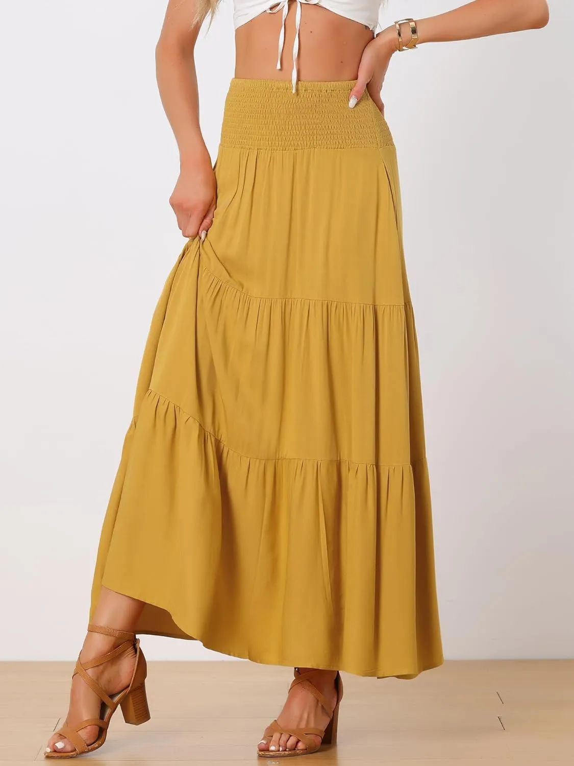 Allegra K Summer Maxi Skirt for Women's 2025 Casual Elastic Waist Flowy Tiered Boho Beach Long Skirts