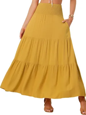 Allegra K Summer Maxi Skirt for Women's 2025 Casual Elastic Waist Flowy Tiered Boho Beach Long Skirts
