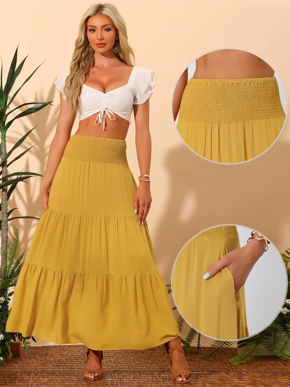 Allegra K Summer Maxi Skirt for Women's 2025 Casual Elastic Waist Flowy Tiered Boho Beach Long Skirts