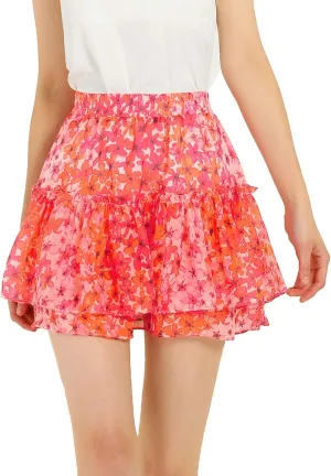 Allegra K Women's 2023 Floral Tiered Ruffle Skirts Cute Summer Flowy Chiffon Mini Skirt