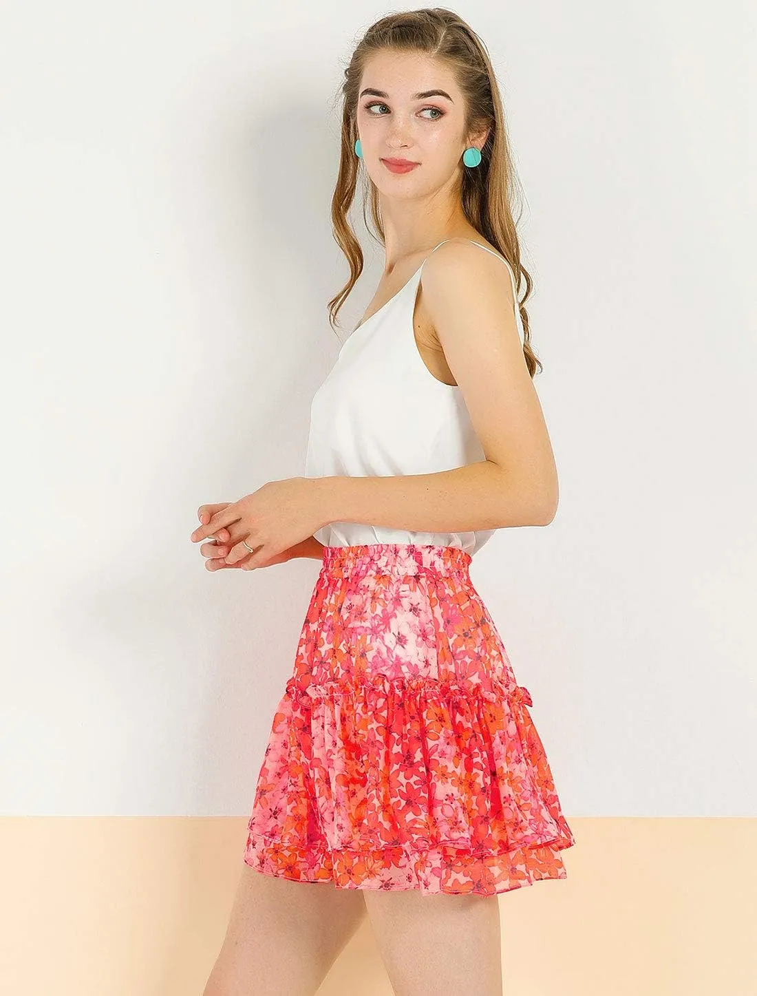 Allegra K Women's 2023 Floral Tiered Ruffle Skirts Cute Summer Flowy Chiffon Mini Skirt