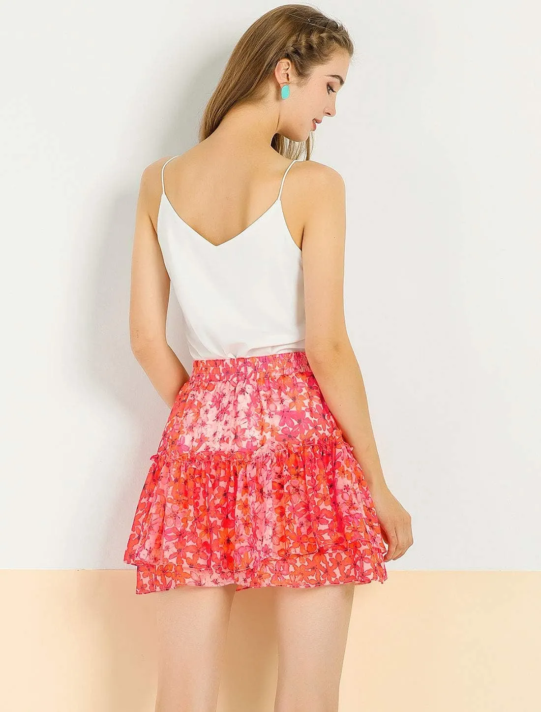 Allegra K Women's 2023 Floral Tiered Ruffle Skirts Cute Summer Flowy Chiffon Mini Skirt