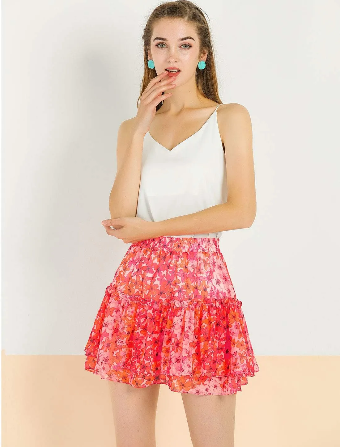 Allegra K Women's 2023 Floral Tiered Ruffle Skirts Cute Summer Flowy Chiffon Mini Skirt
