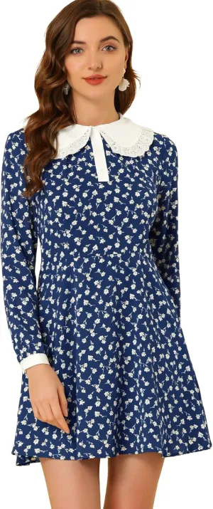 Allegra K Women's Contrast Ruffle Peter Pan Collar Button Front Long Sleeve Floral Mini Dress