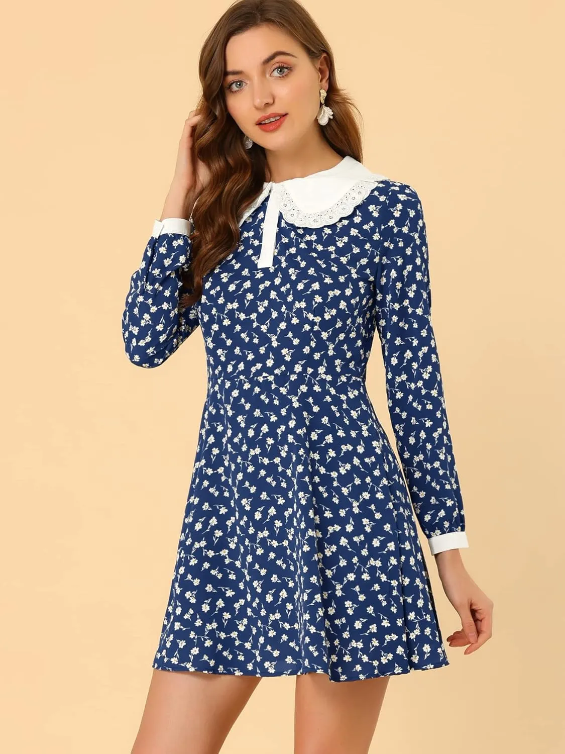 Allegra K Women's Contrast Ruffle Peter Pan Collar Button Front Long Sleeve Floral Mini Dress