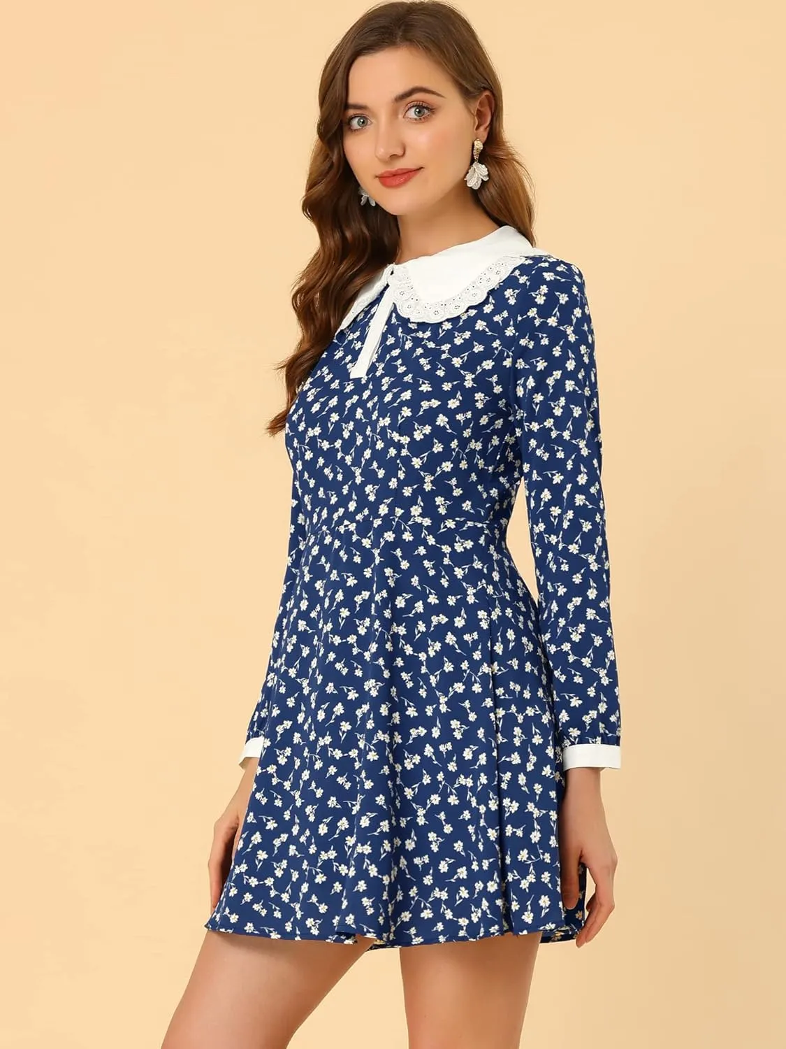 Allegra K Women's Contrast Ruffle Peter Pan Collar Button Front Long Sleeve Floral Mini Dress