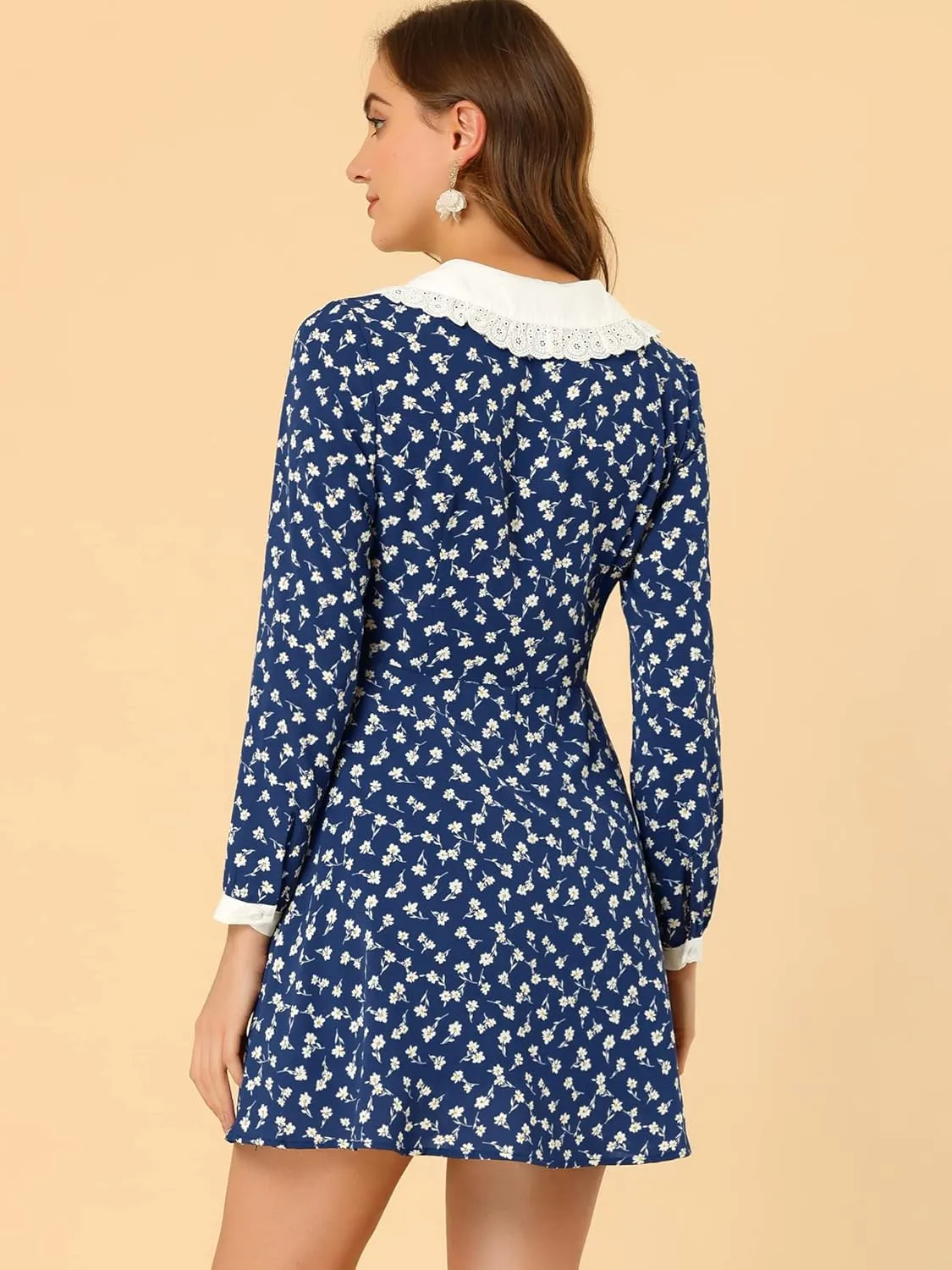 Allegra K Women's Contrast Ruffle Peter Pan Collar Button Front Long Sleeve Floral Mini Dress