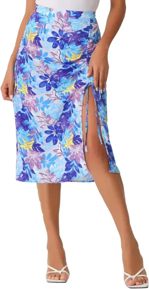 Allegra K Women's Hawaiian Skirts Summer Beach Ruched Split Thigh Tropical Skirt