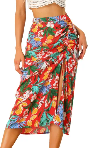 Allegra K Women's Hawaiian Skirts Summer Beach Ruched Split Thigh Tropical Skirt