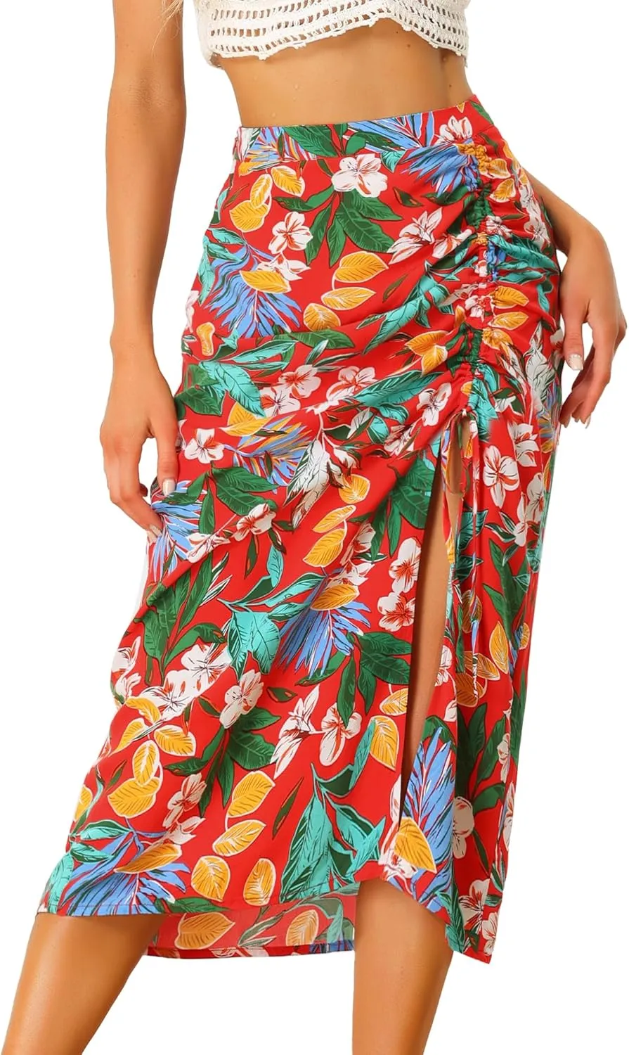 Allegra K Women's Hawaiian Skirts Summer Beach Ruched Split Thigh Tropical Skirt