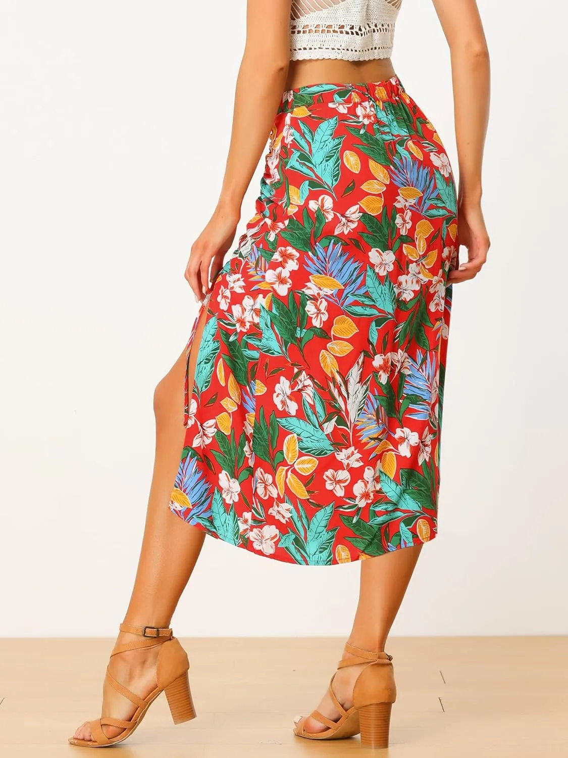 Allegra K Women's Hawaiian Skirts Summer Beach Ruched Split Thigh Tropical Skirt