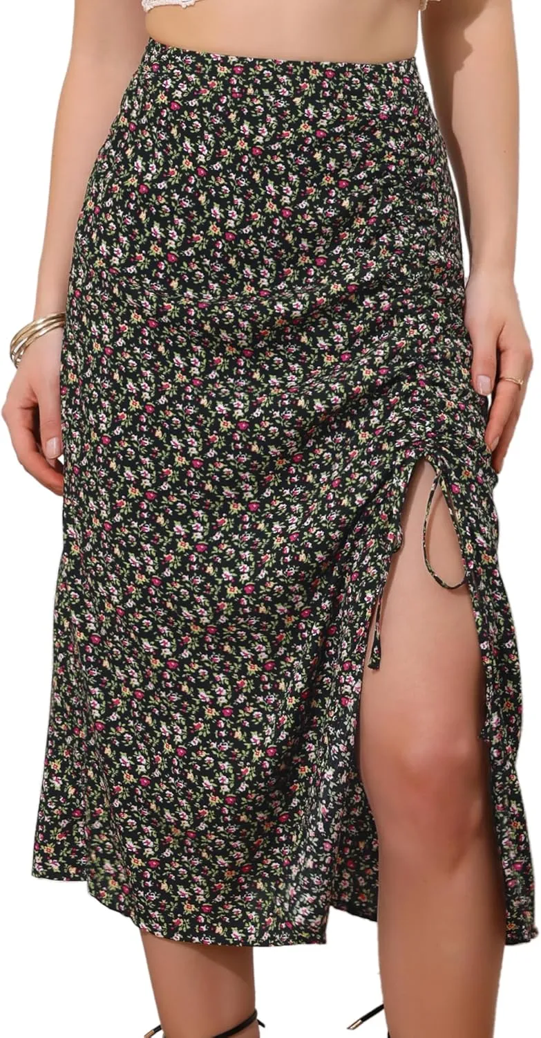 Allegra K Women's Hawaiian Skirts Summer Beach Ruched Split Thigh Tropical Skirt