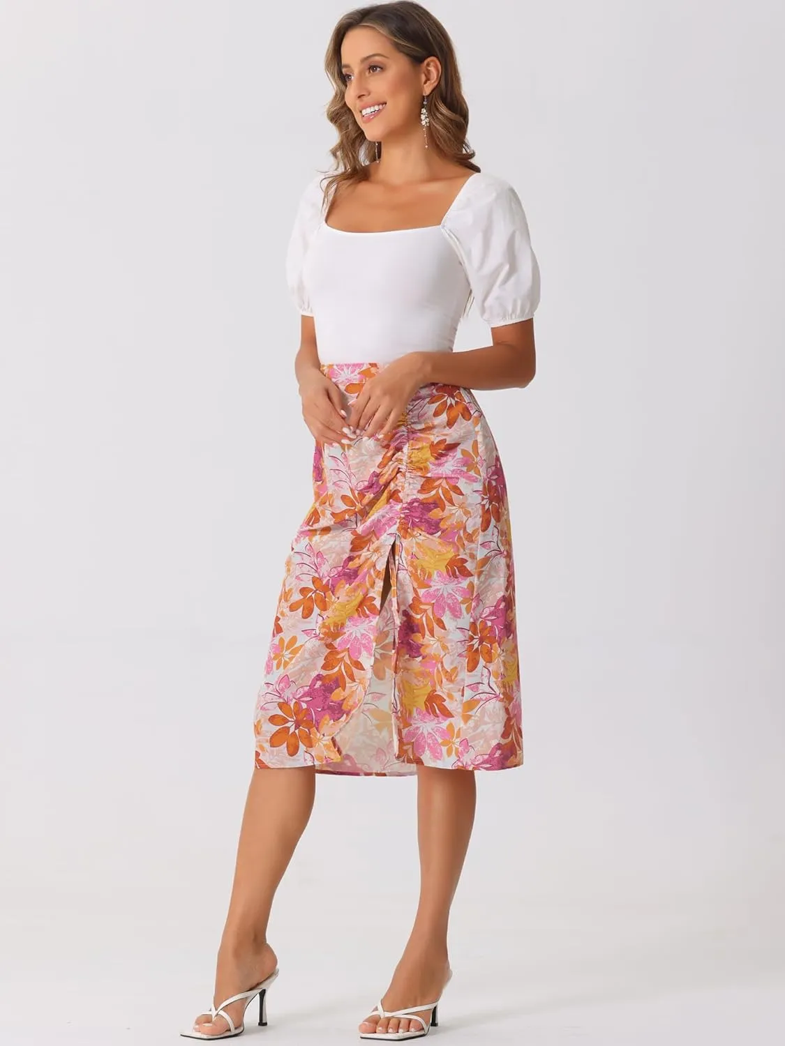 Allegra K Women's Hawaiian Skirts Summer Beach Ruched Split Thigh Tropical Skirt