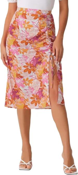 Allegra K Women's Hawaiian Skirts Summer Beach Ruched Split Thigh Tropical Skirt