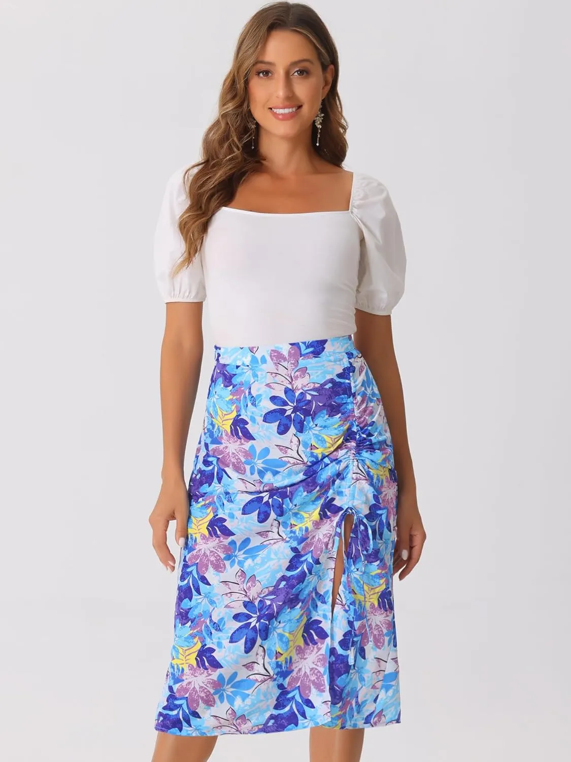 Allegra K Women's Hawaiian Skirts Summer Beach Ruched Split Thigh Tropical Skirt