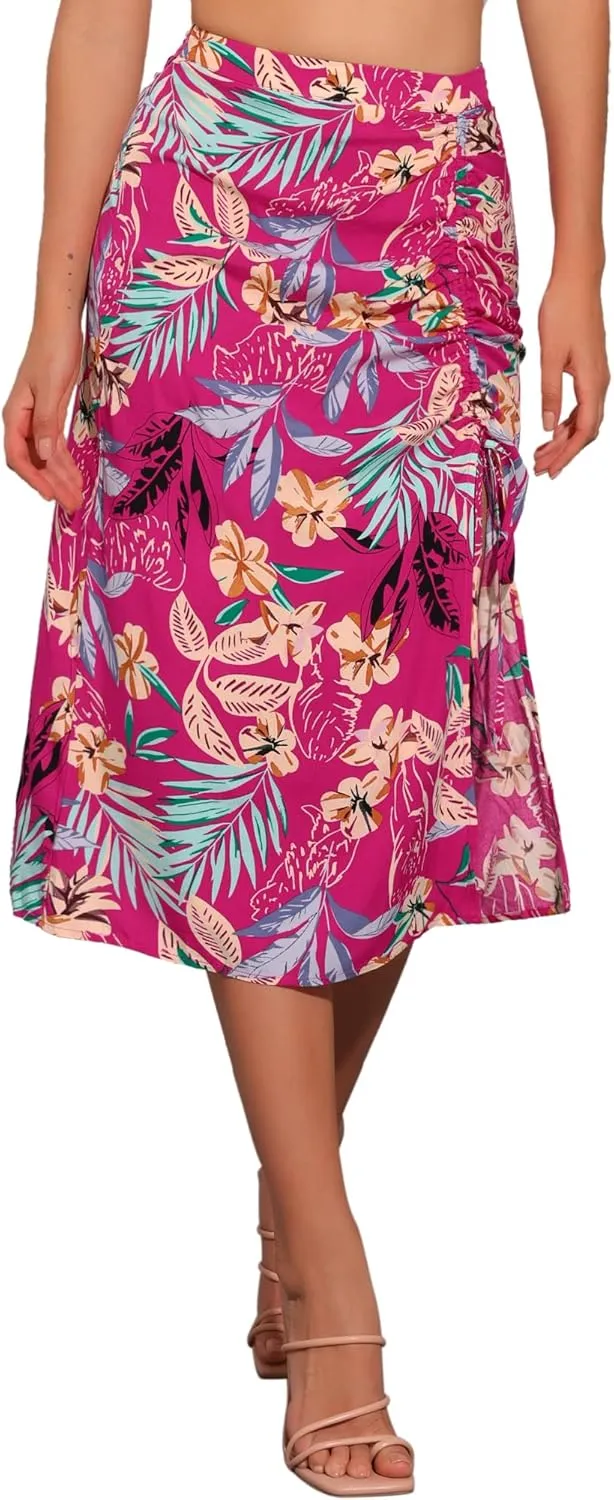 Allegra K Women's Hawaiian Skirts Summer Beach Ruched Split Thigh Tropical Skirt