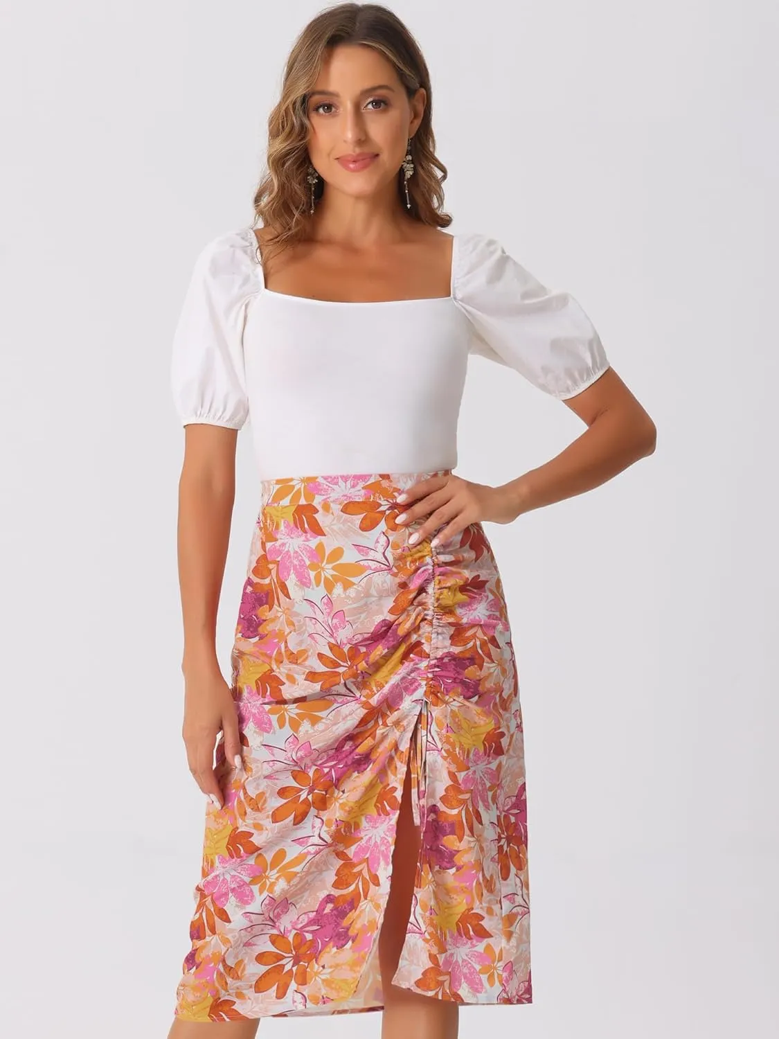 Allegra K Women's Hawaiian Skirts Summer Beach Ruched Split Thigh Tropical Skirt