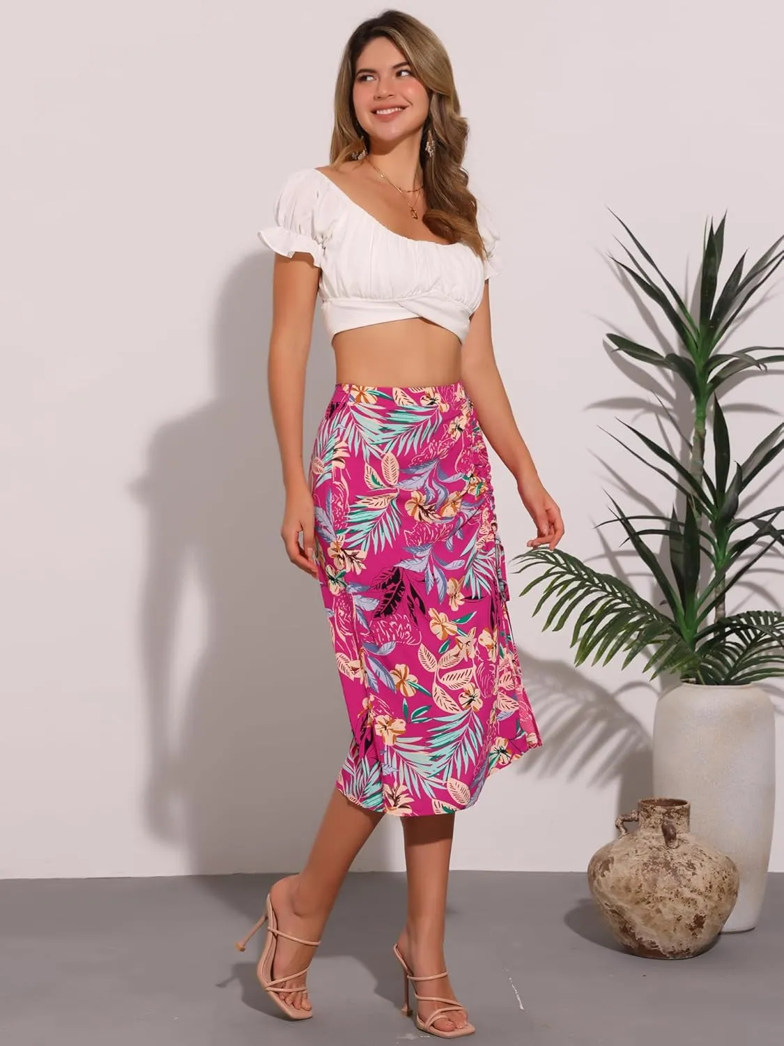 Allegra K Women's Hawaiian Skirts Summer Beach Ruched Split Thigh Tropical Skirt
