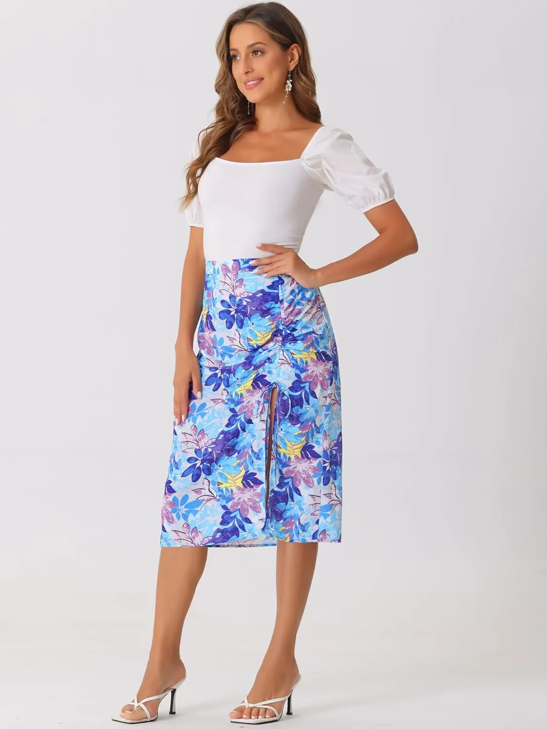 Allegra K Women's Hawaiian Skirts Summer Beach Ruched Split Thigh Tropical Skirt