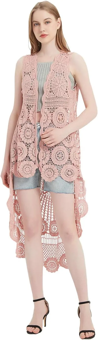 Anna-Kaci Womens Hippie Bohemian Floral Crochet Lace Trim Sleeveless Vest Cardigan