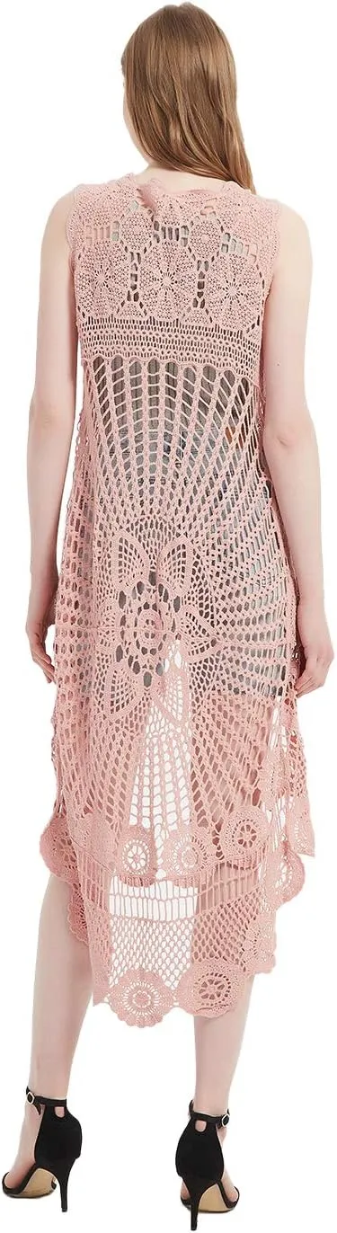 Anna-Kaci Womens Hippie Bohemian Floral Crochet Lace Trim Sleeveless Vest Cardigan