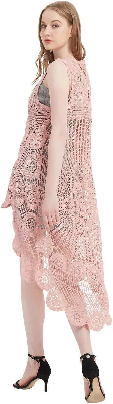 Anna-Kaci Womens Hippie Bohemian Floral Crochet Lace Trim Sleeveless Vest Cardigan