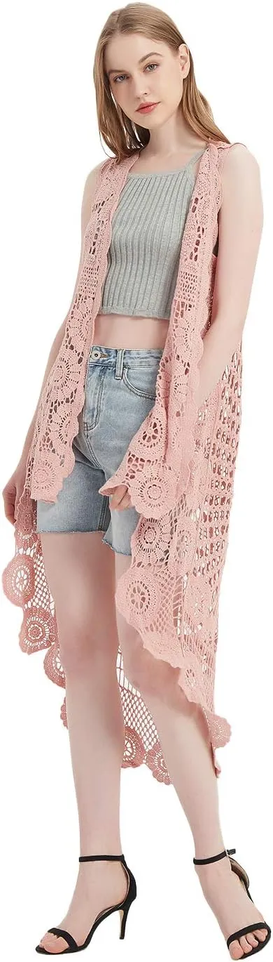 Anna-Kaci Womens Hippie Bohemian Floral Crochet Lace Trim Sleeveless Vest Cardigan