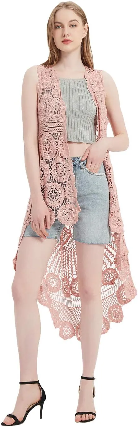 Anna-Kaci Womens Hippie Bohemian Floral Crochet Lace Trim Sleeveless Vest Cardigan