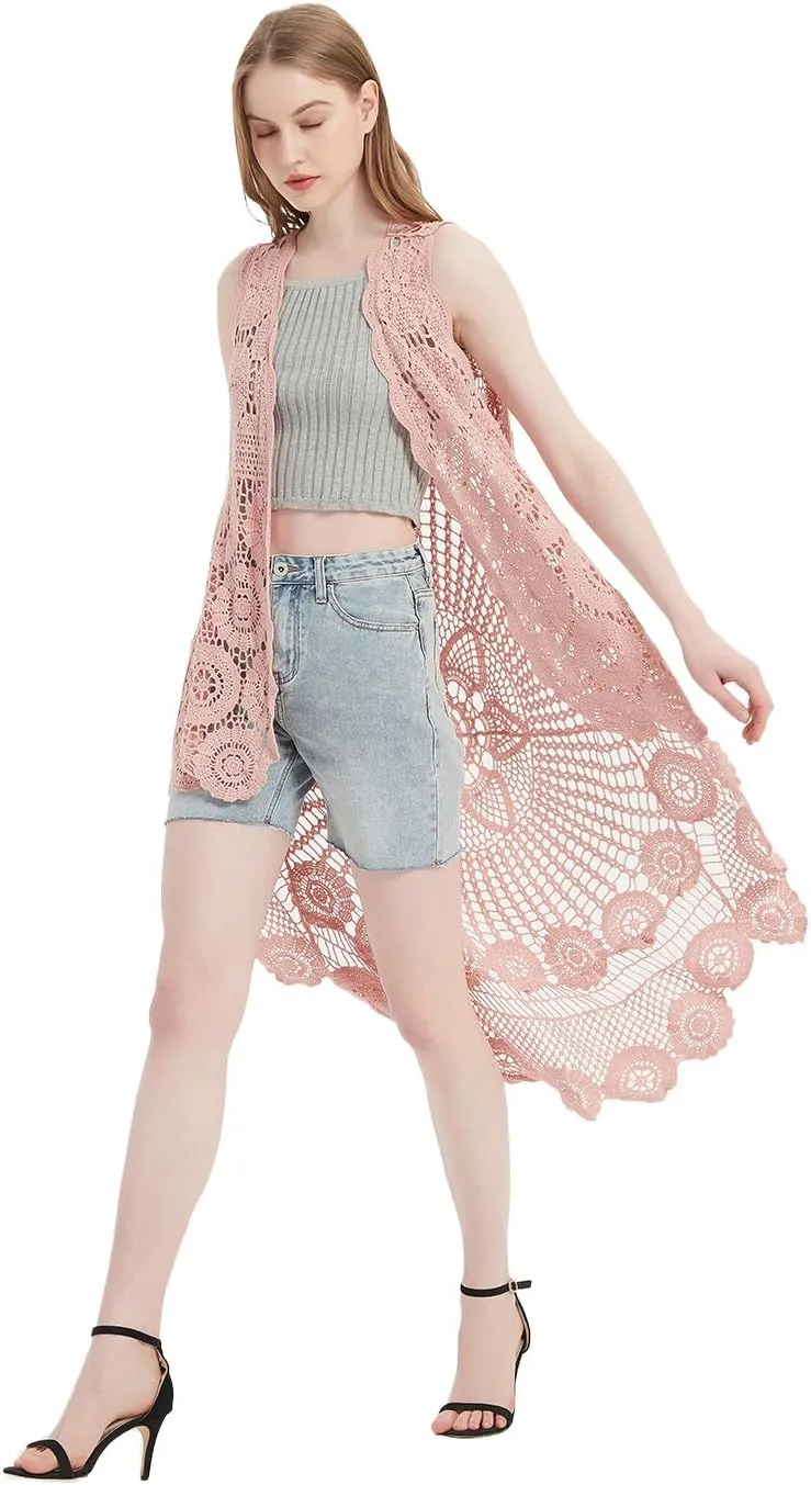 Anna-Kaci Womens Hippie Bohemian Floral Crochet Lace Trim Sleeveless Vest Cardigan