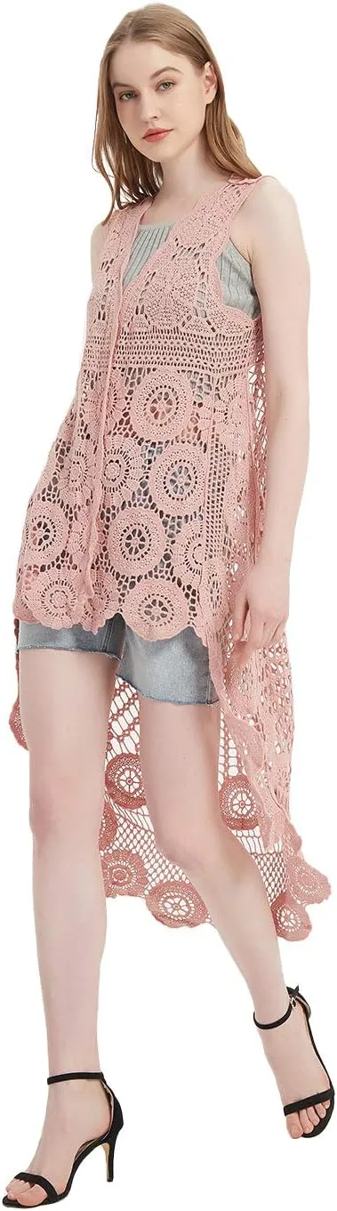 Anna-Kaci Womens Hippie Bohemian Floral Crochet Lace Trim Sleeveless Vest Cardigan