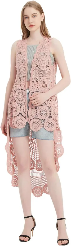 Anna-Kaci Womens Hippie Bohemian Floral Crochet Lace Trim Sleeveless Vest Cardigan