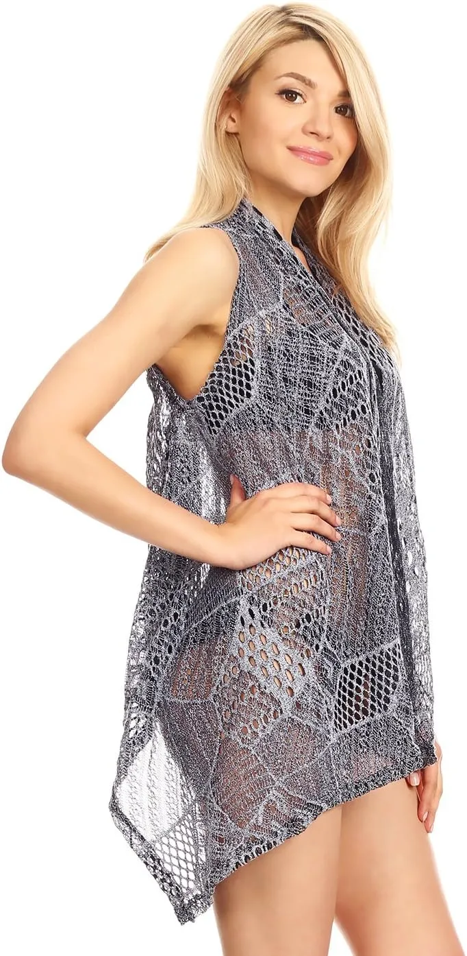 Anna-Kaci Womens Sleeveless Open Front Crochet Shawl Cardigan Bikini Cover Up