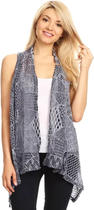 Anna-Kaci Womens Sleeveless Open Front Crochet Shawl Cardigan Bikini Cover Up