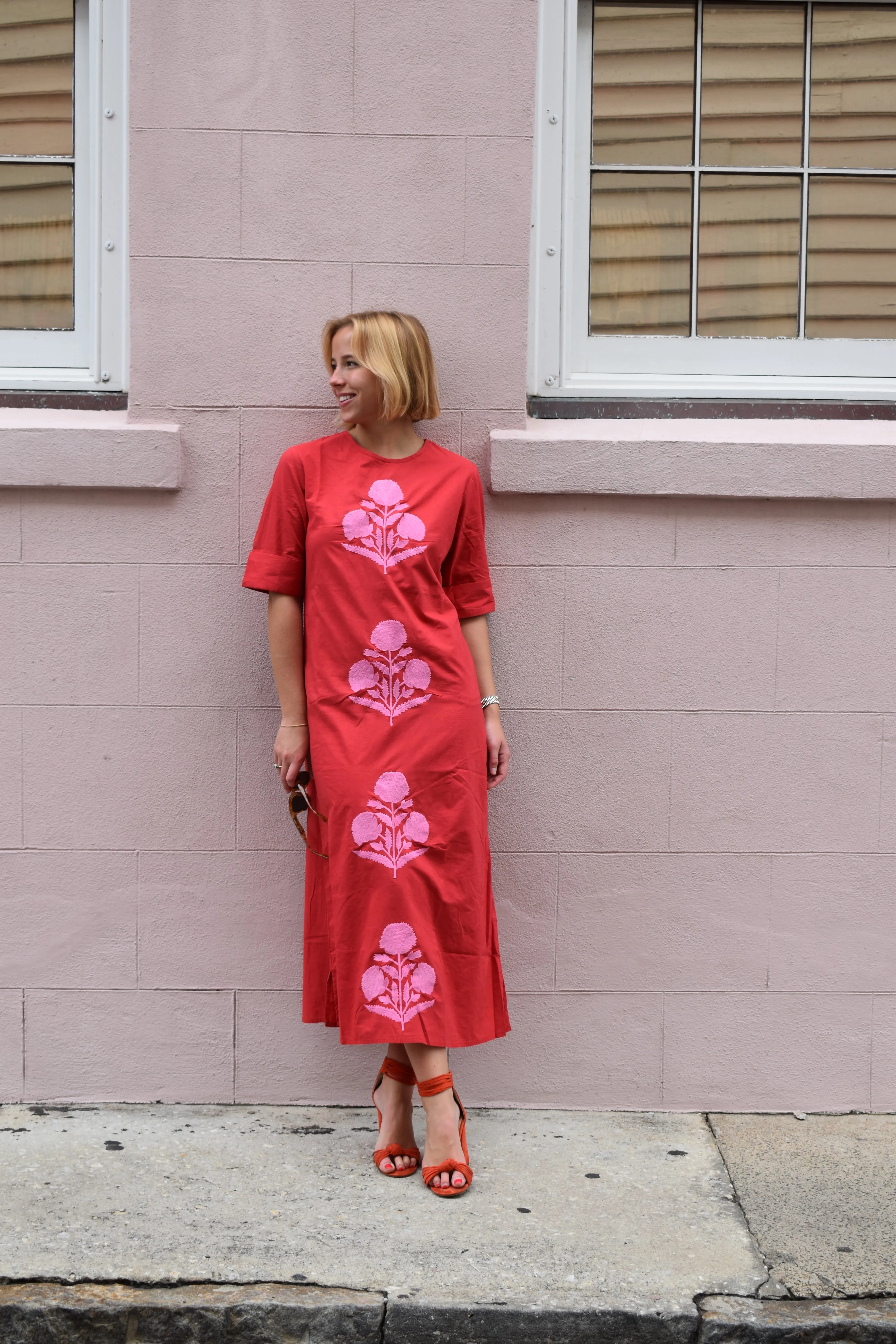Anne Maxi Dress Cuff Sleeve Red with Pink