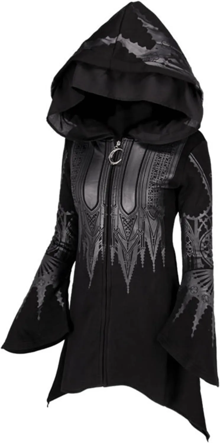 Aobiono Women Y2K Gothic Zip Up Oversized Hoodie Top Punk Cloak Witch Costume Long Sleeve Sweatshirt Emo Grunge Dark Academia