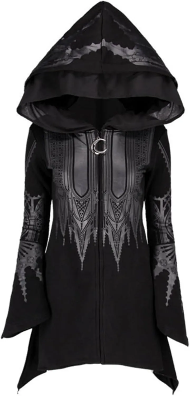 Aobiono Women Y2K Gothic Zip Up Oversized Hoodie Top Punk Cloak Witch Costume Long Sleeve Sweatshirt Emo Grunge Dark Academia