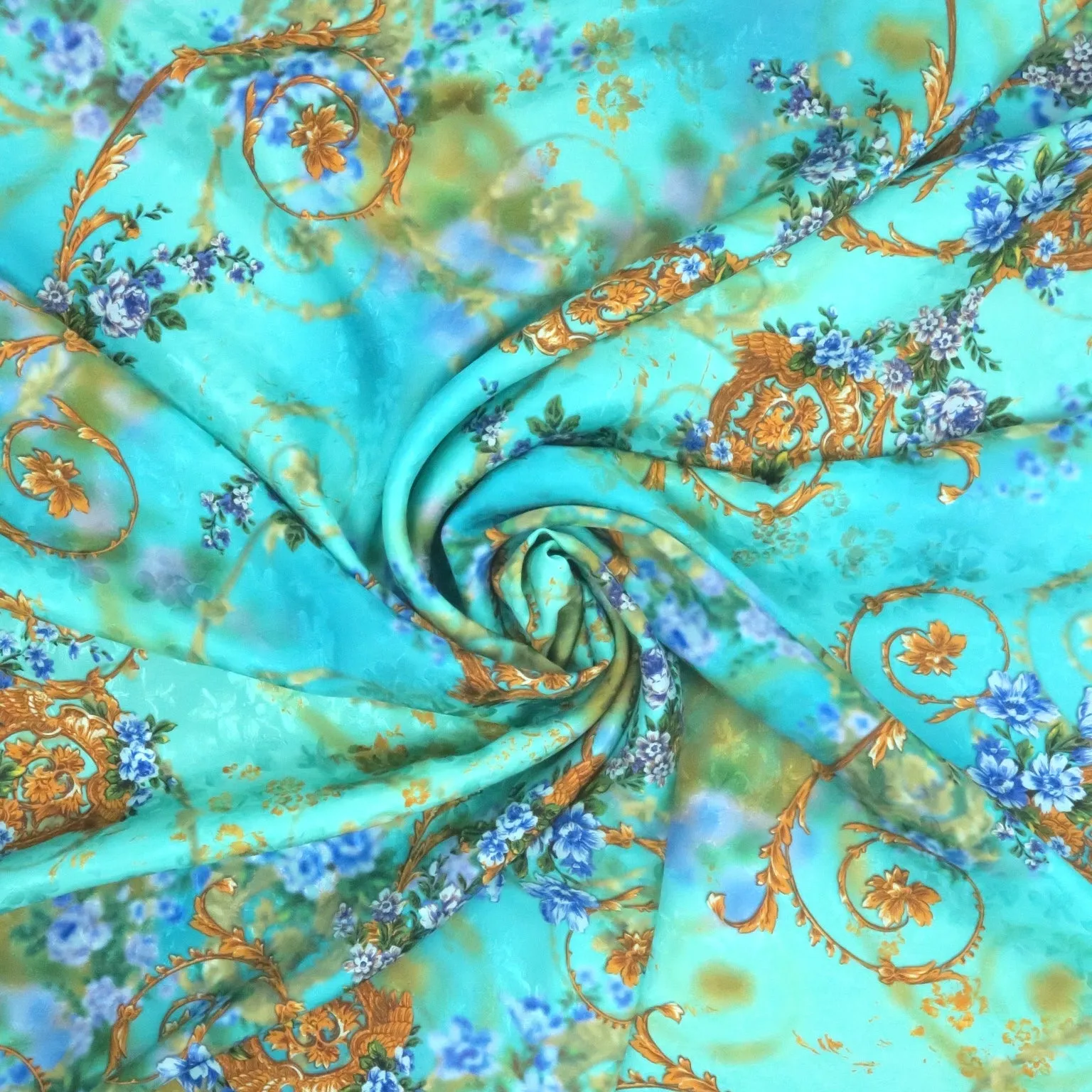 Aqua and Blue with Gold Arabesques Abstract Hues Printed Silk Jacquard Fabric