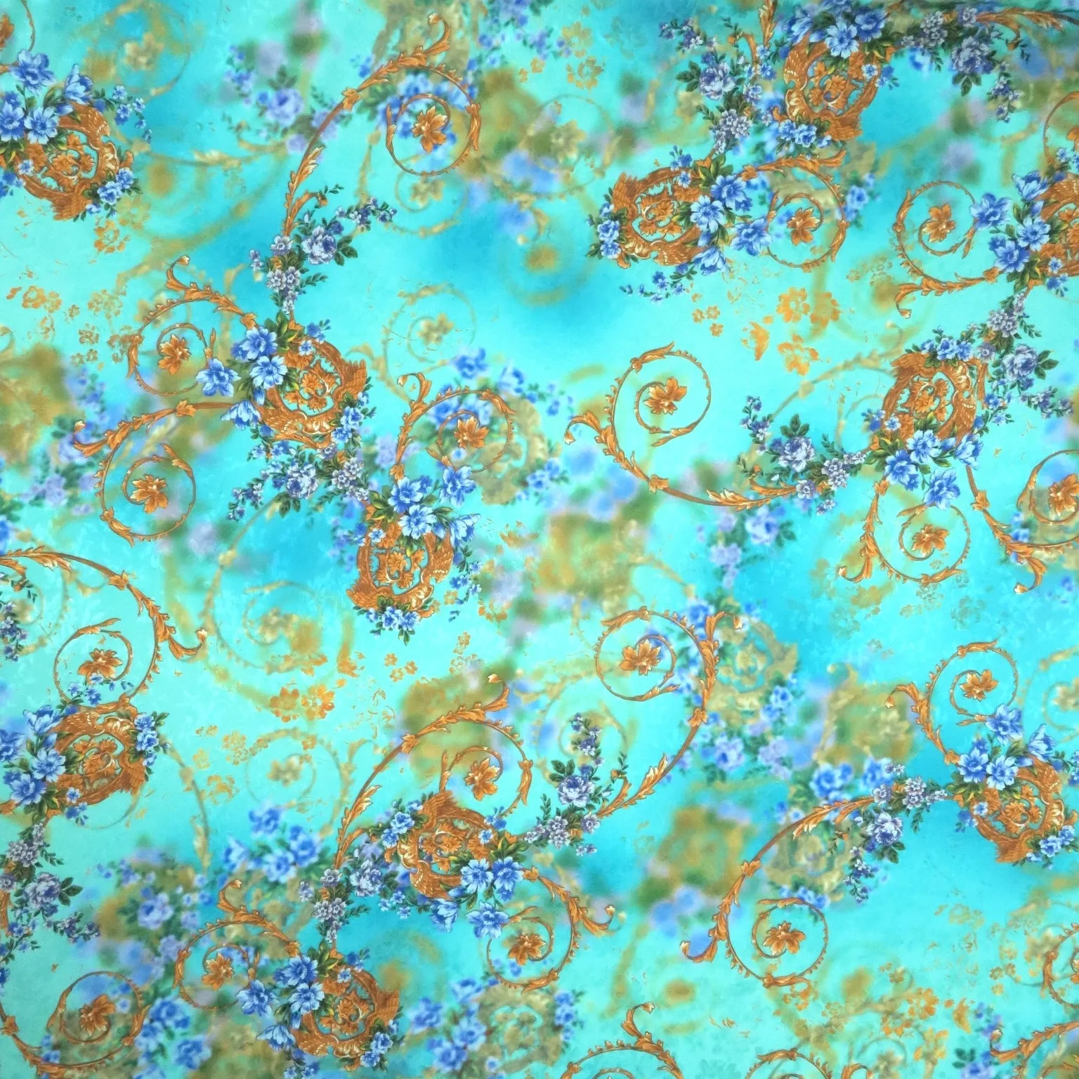 Aqua and Blue with Gold Arabesques Abstract Hues Printed Silk Jacquard Fabric