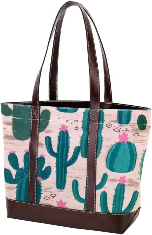 Artistic Cactus-601 Tote Bags Durable Leather Canvas Purses and Handbags for Women Top Handle Shoulder Satchel Hobo Bags