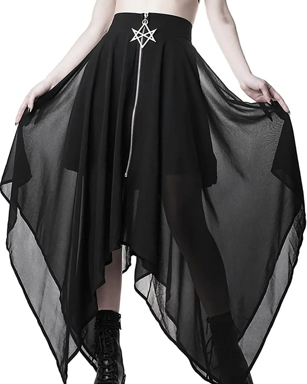 AULKEEP Goth Punk Pleated Tulle Midi Skirt Dark Series Solid Black High Waist Irregular Mesh Skirts