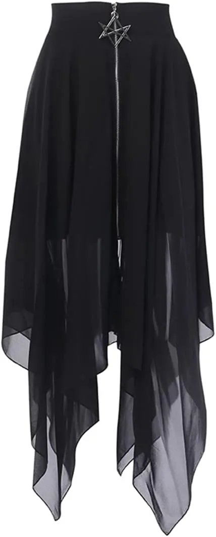 AULKEEP Goth Punk Pleated Tulle Midi Skirt Dark Series Solid Black High Waist Irregular Mesh Skirts