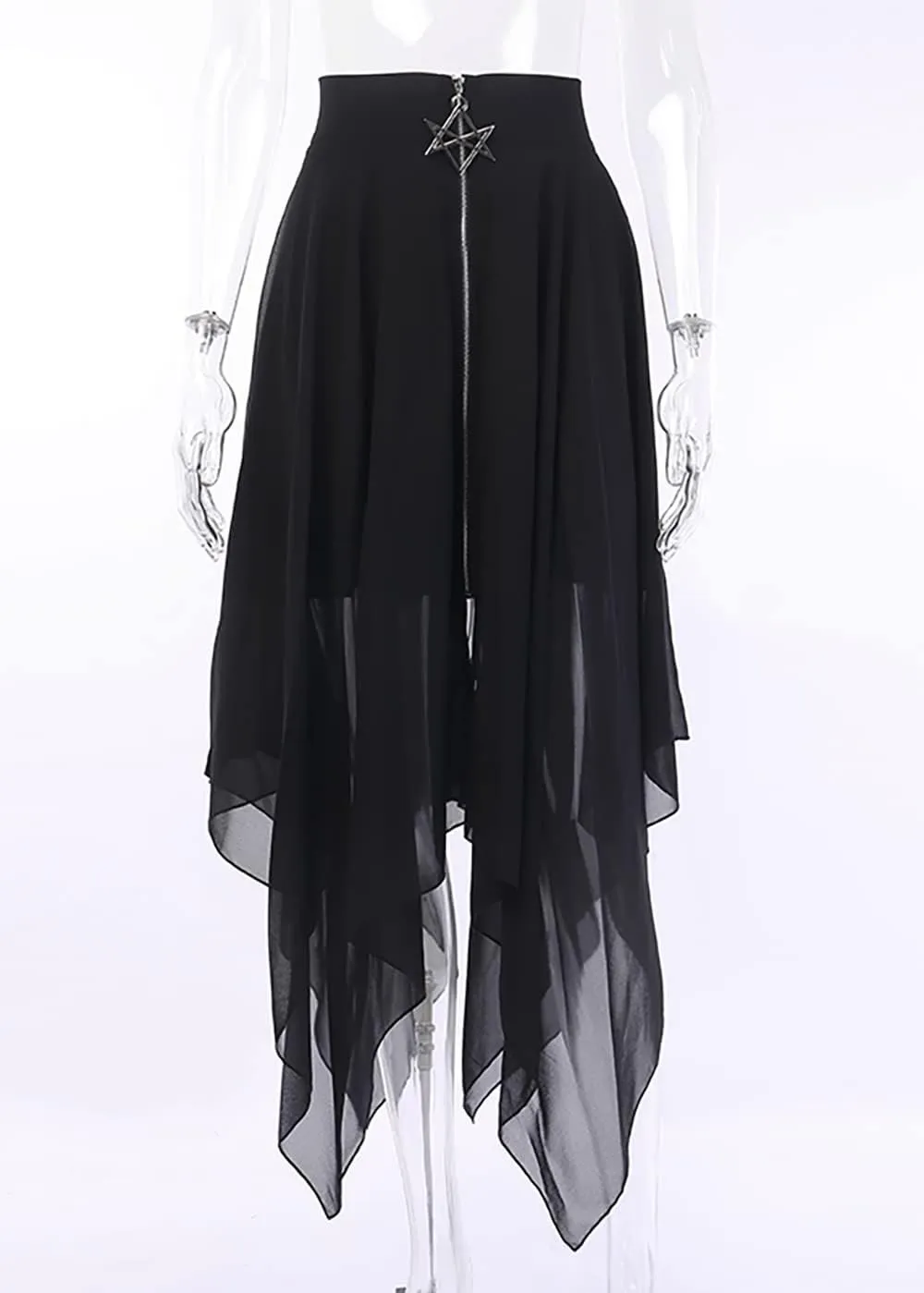 AULKEEP Goth Punk Pleated Tulle Midi Skirt Dark Series Solid Black High Waist Irregular Mesh Skirts