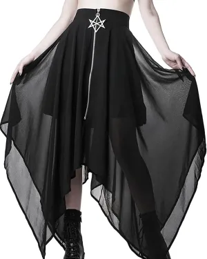 AULKEEP Goth Punk Pleated Tulle Midi Skirt Dark Series Solid Black High Waist Irregular Mesh Skirts