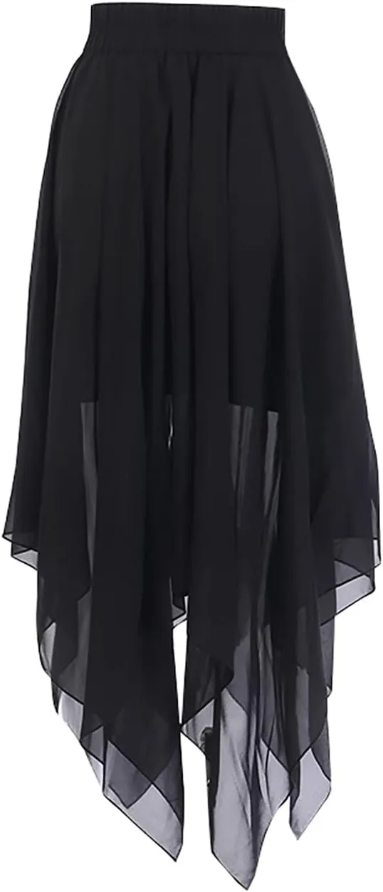 AULKEEP Goth Punk Pleated Tulle Midi Skirt Dark Series Solid Black High Waist Irregular Mesh Skirts