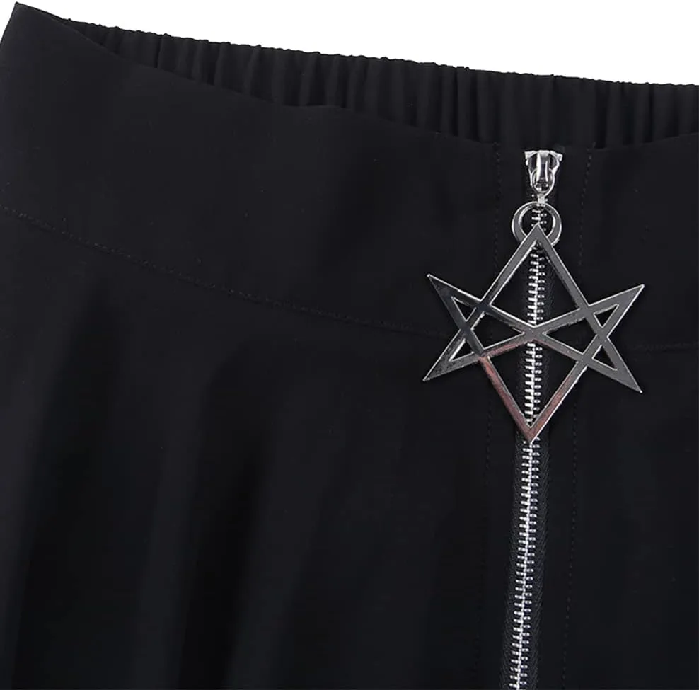 AULKEEP Goth Punk Pleated Tulle Midi Skirt Dark Series Solid Black High Waist Irregular Mesh Skirts