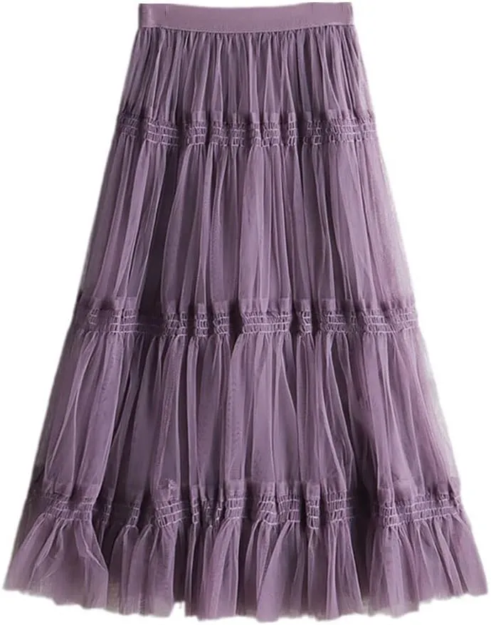 Autumn Winter Fashion Sweet Tulle Skirt Womens Cute A-Line Mesh Skirts Female Midi Long Pleated Skirt