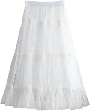 Autumn Winter Fashion Sweet Tulle Skirt Womens Cute A-Line Mesh Skirts Female Midi Long Pleated Skirt